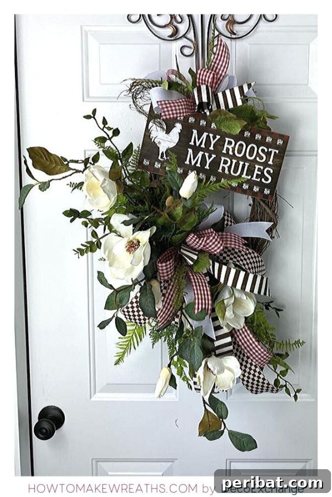 Rustic Farmhouse Wreaths for Year-Round Beauty 26 'My boss my rules' door sign wreath with floral and ribbon elements