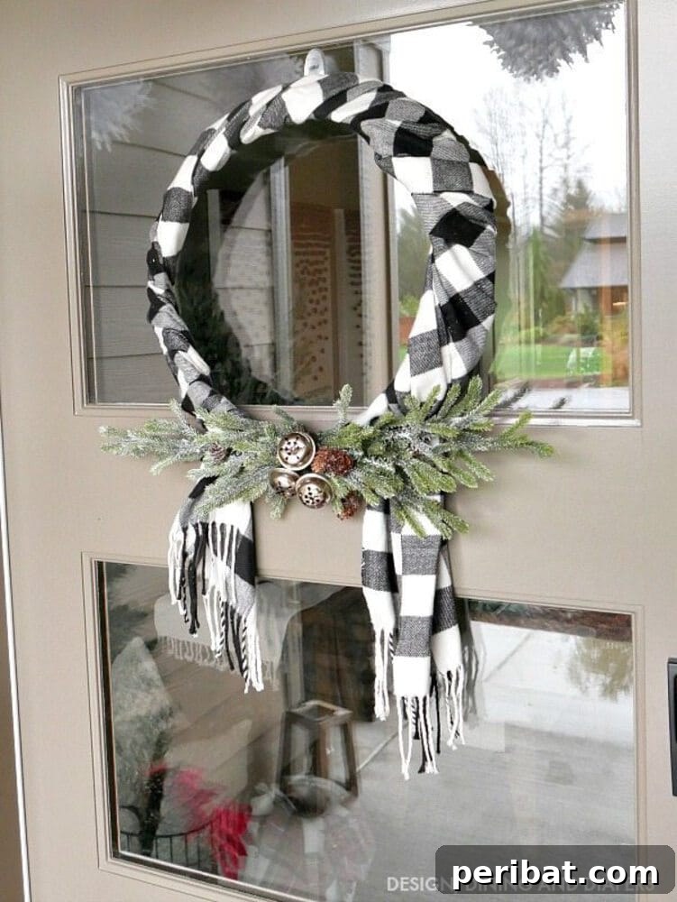 Rustic Farmhouse Wreaths for Year-Round Beauty 28 Buffalo plaid scarf wreath with greenery, perfect for winter