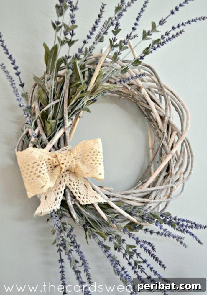 Rustic Farmhouse Wreaths for Year-Round Beauty 35 Grapevine wreath accented with lace bows and sprigs of lavender