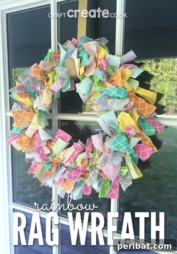 Rustic Farmhouse Wreaths for Year-Round Beauty 7 Rainbow-colored fabric rag wreath, perfect for spring and summer decor