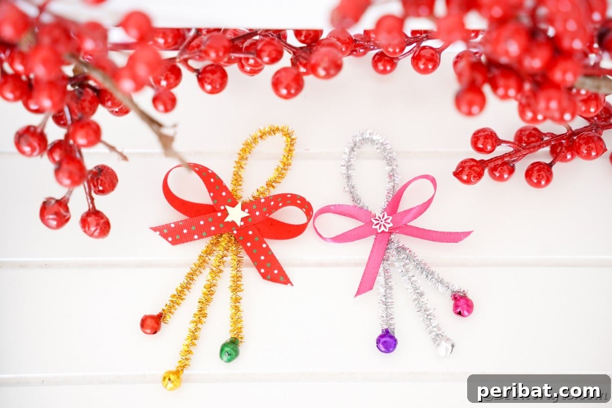 Whimsical Pipe Cleaner Jingle Bell Ornaments for Kids 5 A single jingle bell ornament crafted from pipe cleaner and ribbon, lying on a white table