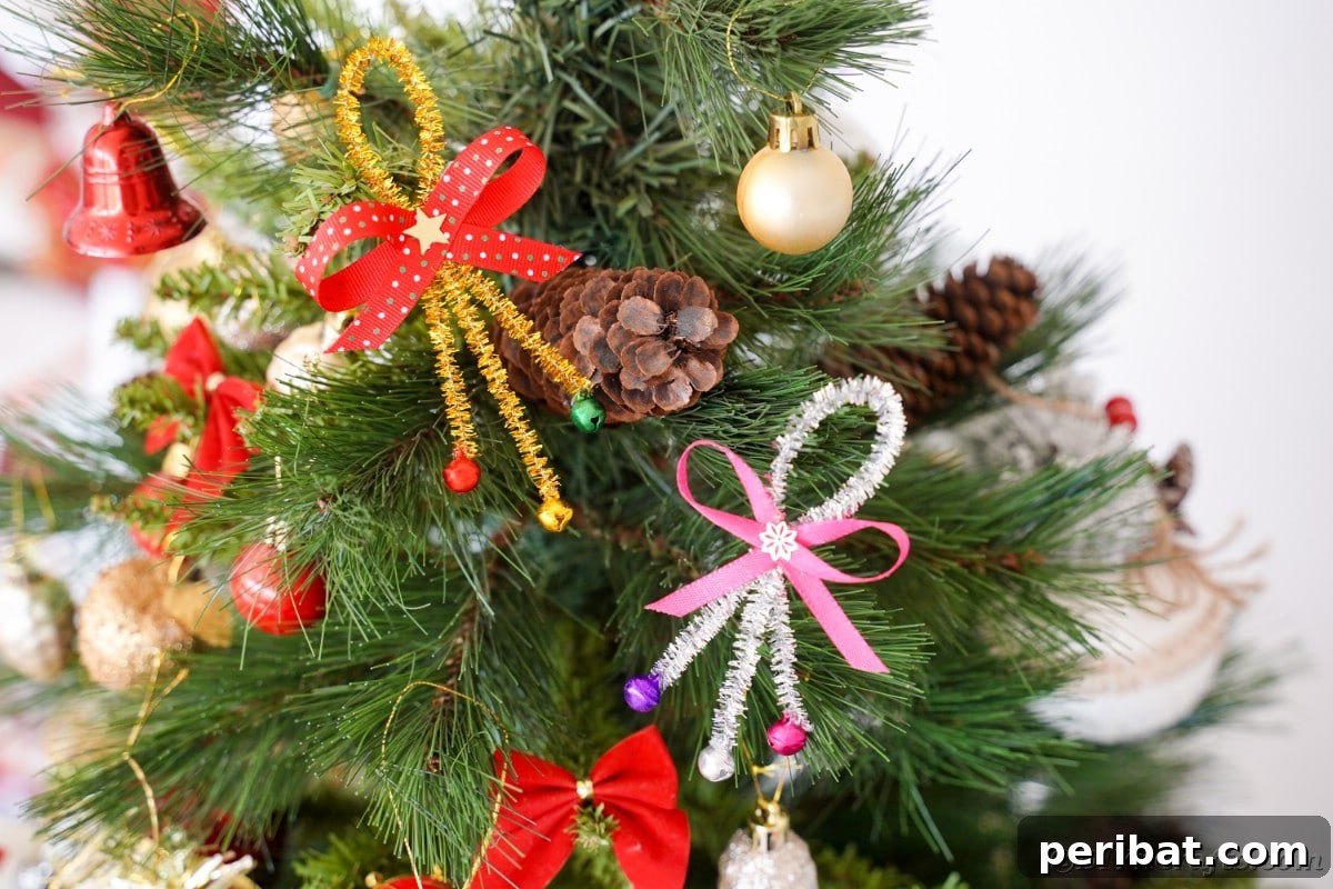 Whimsical Pipe Cleaner Jingle Bell Ornaments for Kids 6 A close-up of several pipe cleaner jingle bell ornaments hanging on a Christmas tree