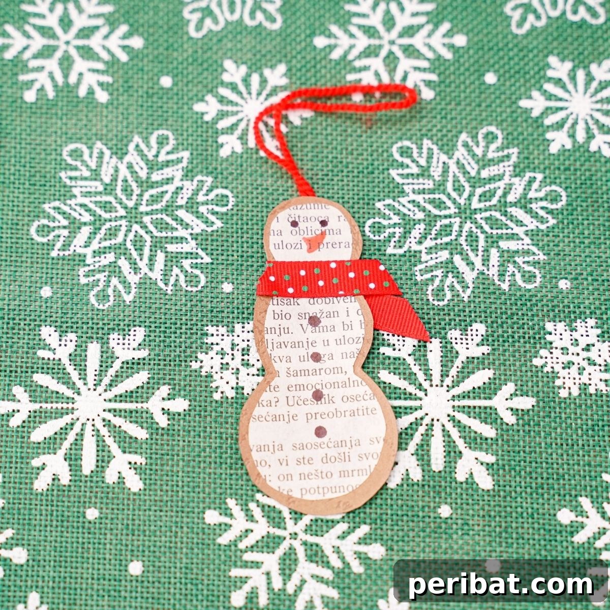 Vintage Book Page Snowman Ornament 2 Old book page snowman paper ornament hanging from a Christmas tree