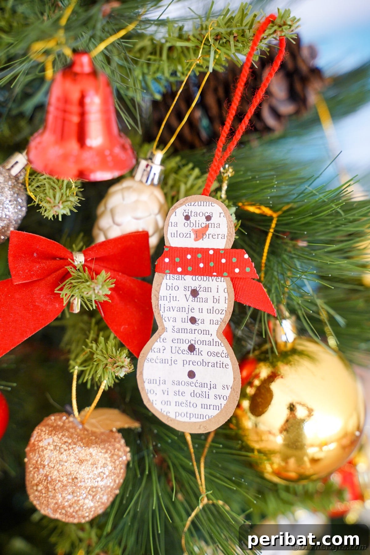 Vintage Book Page Snowman Ornament 17 Handmade book page snowman ornament hanging on a Christmas tree