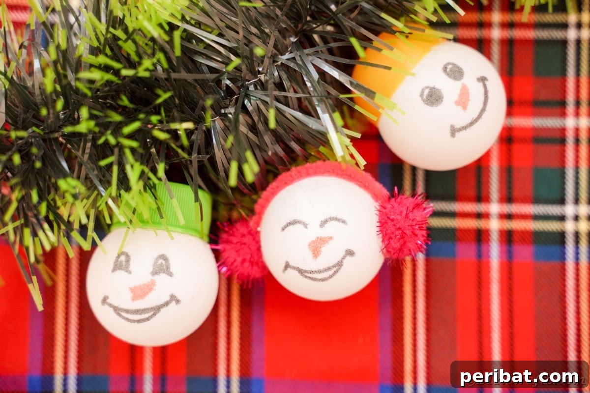 Handcrafted Ping Pong Snowman Holiday Ornaments 3 Ping pong ball ornaments on flannel