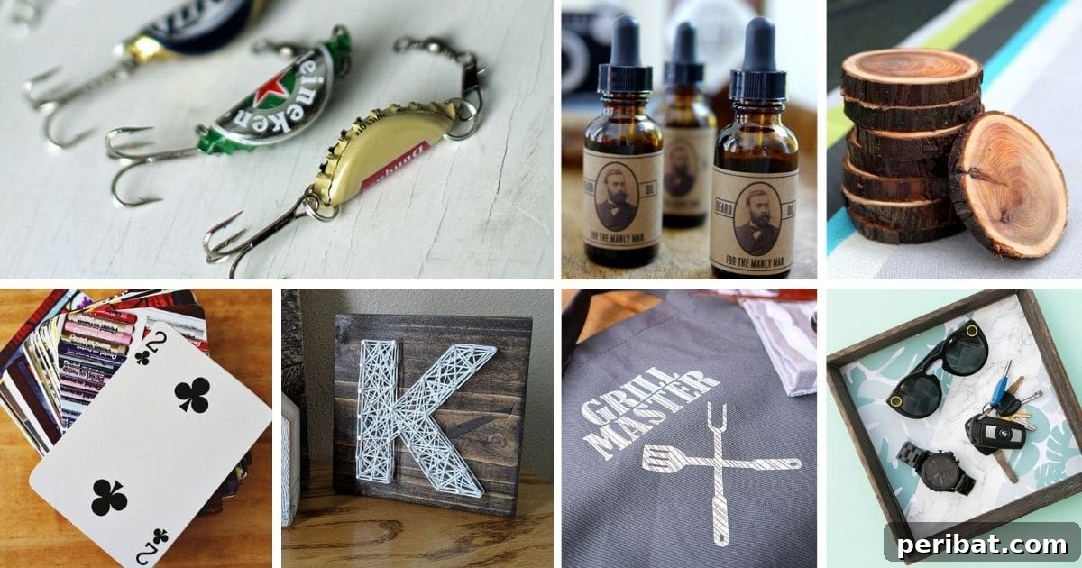 A collage featuring various DIY gifts for men, including mittens, a cowl, a gumball machine, a grill master apron, and a coffee mug, showcasing the diversity of handmade gift ideas.