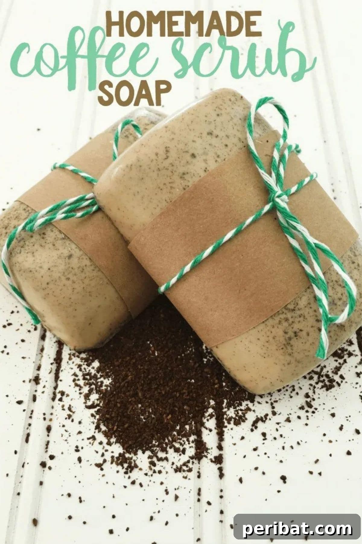 Bars of homemade coffee scrub soap, featuring a rich coffee aroma and exfoliating properties.
