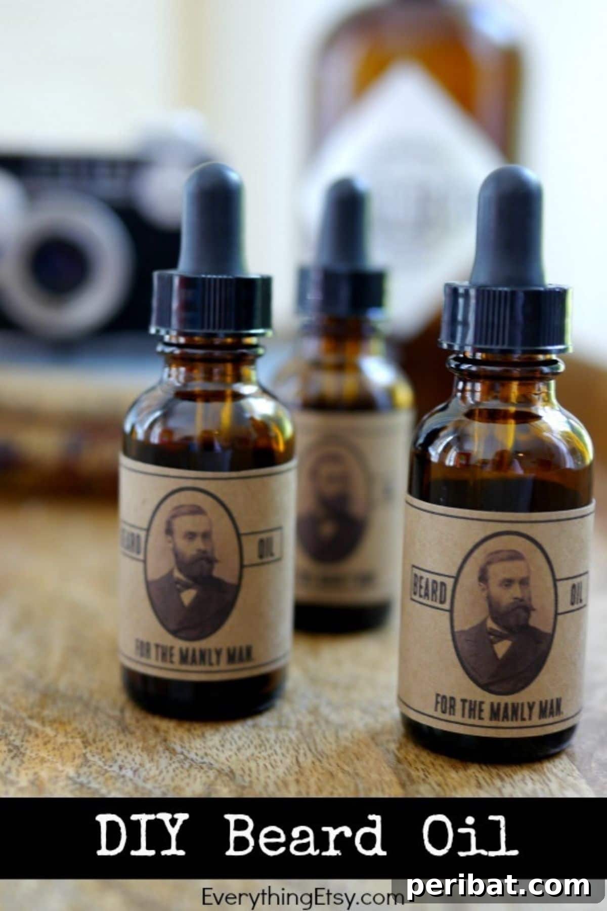 Small amber bottles filled with homemade beard oil, ready for gifting to a bearded man.