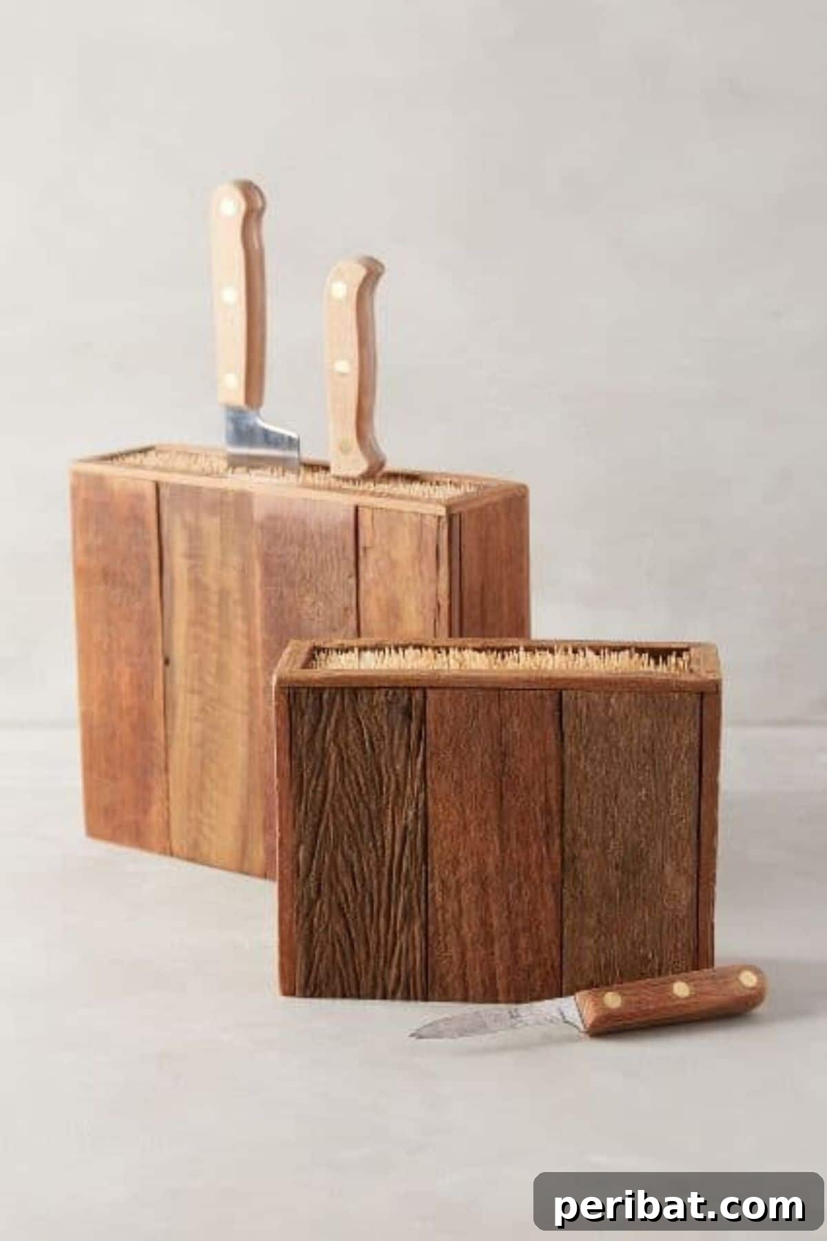 A beautifully crafted wooden knife block holding a set of kitchen knives, a practical and elegant DIY gift.