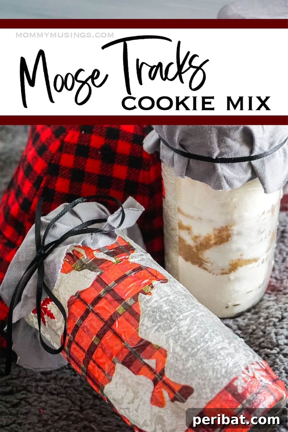 A jar layered with ingredients for Moose Tracks cookie mix, a delightful homemade edible gift.