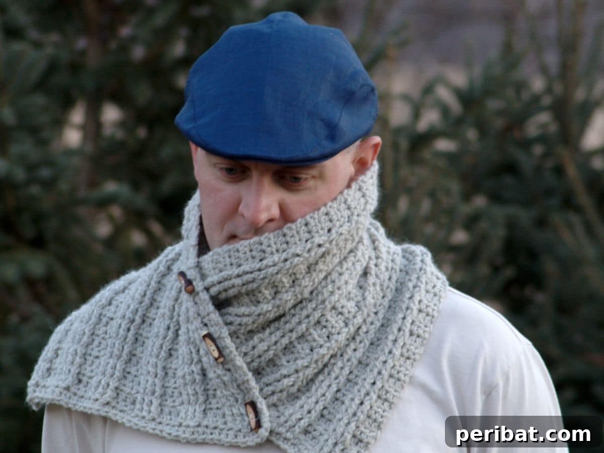 A man wearing a stylish, thick crocheted cowl with toggle buttons, suitable for both men and women.