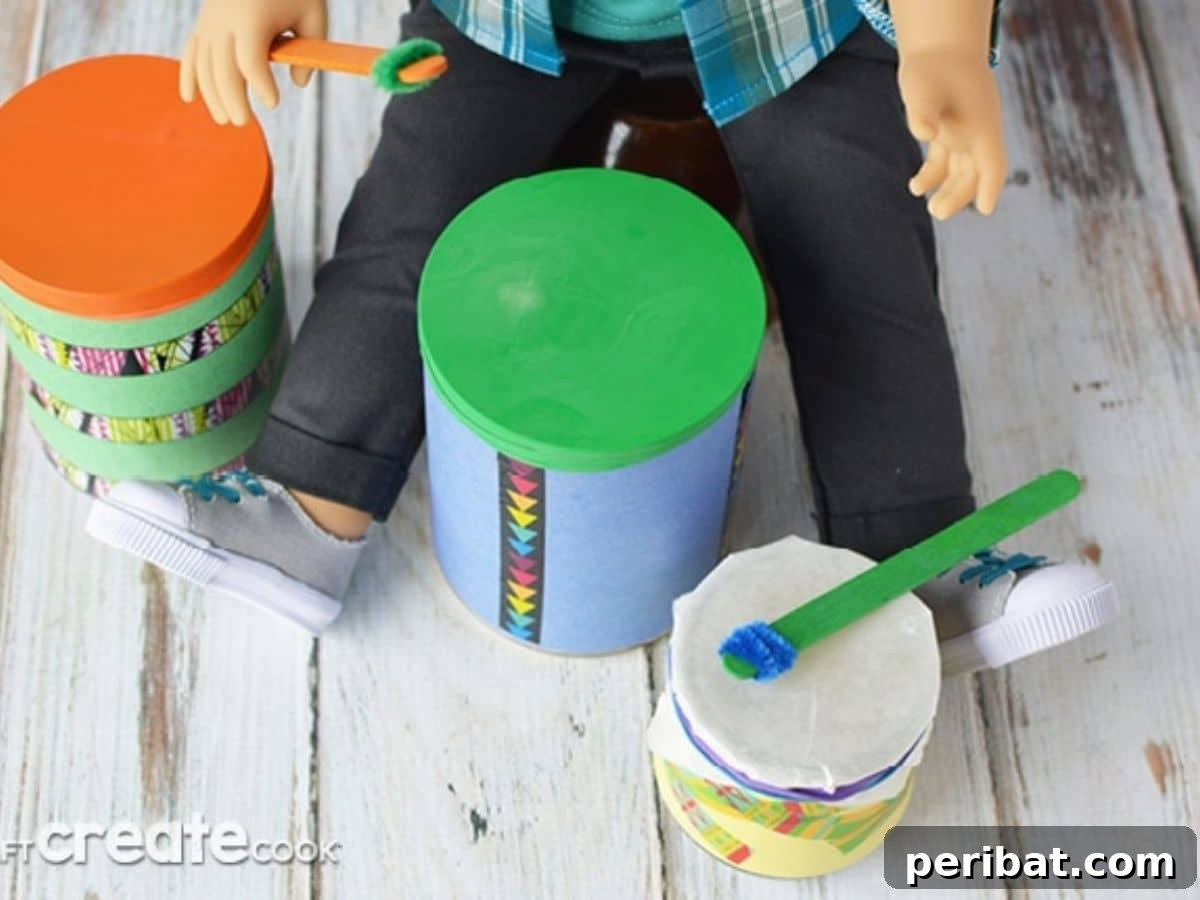 A miniature DIY drum set for dolls, crafted from upcycled materials, offering a fun and creative play accessory for children's dolls, particularly American Girl sized.