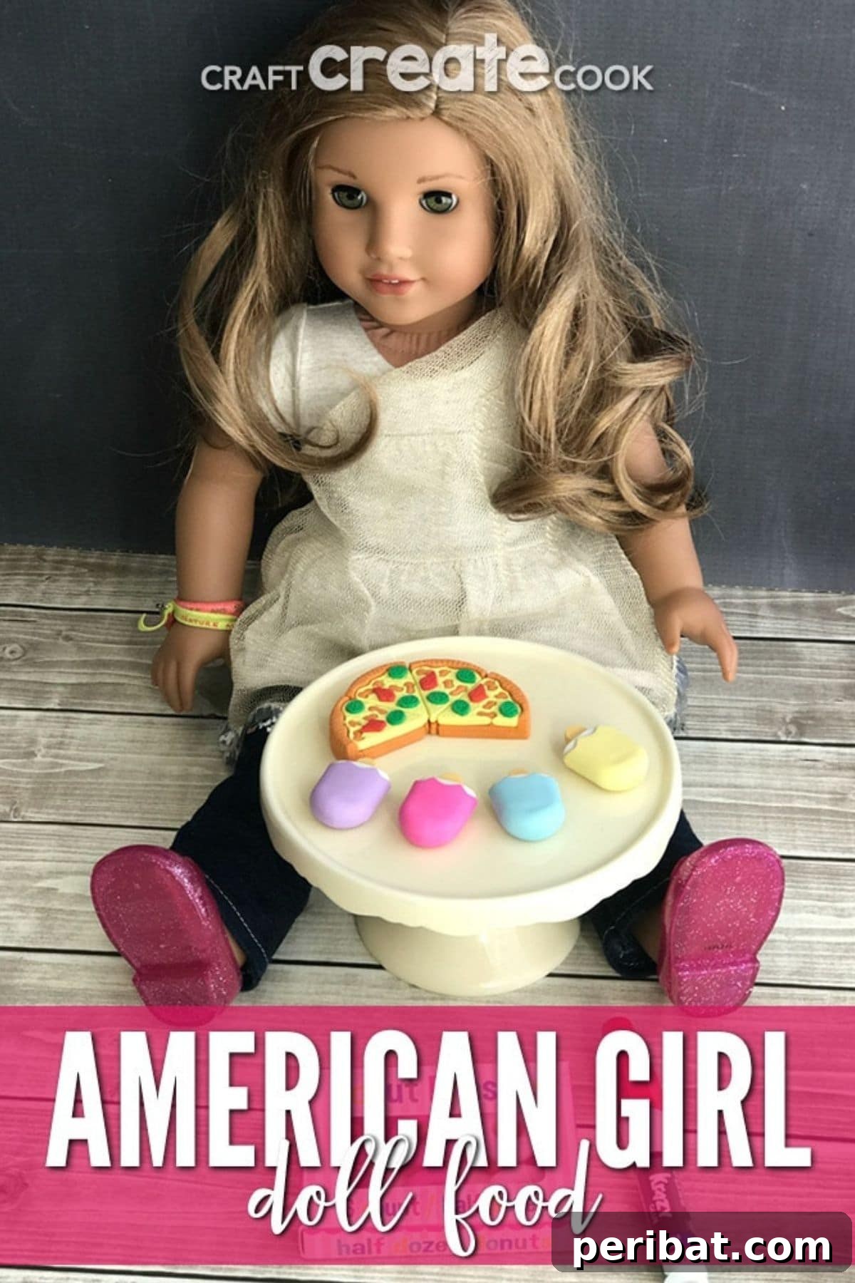 Assorted miniature pretend food items crafted for American Girl dolls, including tiny desserts and snacks, perfect for enhancing imaginative play.