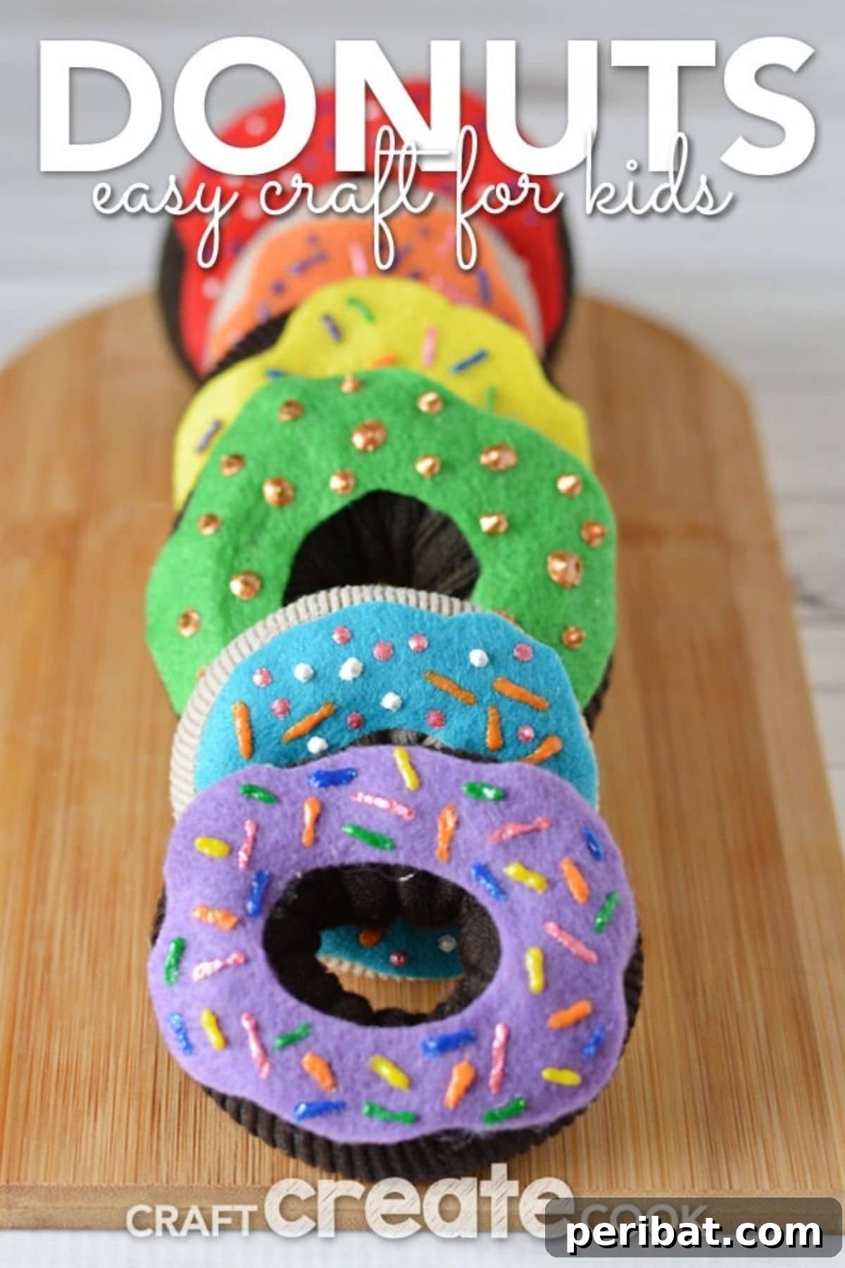 A collection of colorful felt donuts with various 'frostings' and 'sprinkles,' meticulously crafted for pretend play, arranged invitingly on a wooden table.