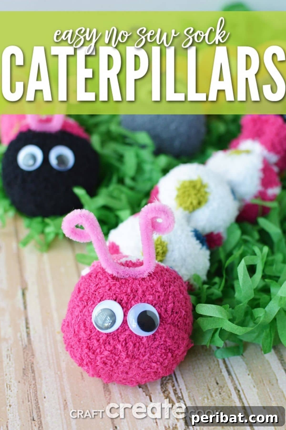 A vibrant sock caterpillar made from a colorful striped sock, showcasing an easy and charming DIY craft project for kids who love insects and cuddly creatures.