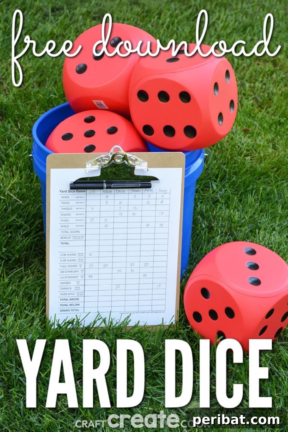 Large, colorful DIY yard dice scattered on a lawn, perfect for an outdoor family game that encourages active play and strategic thinking.