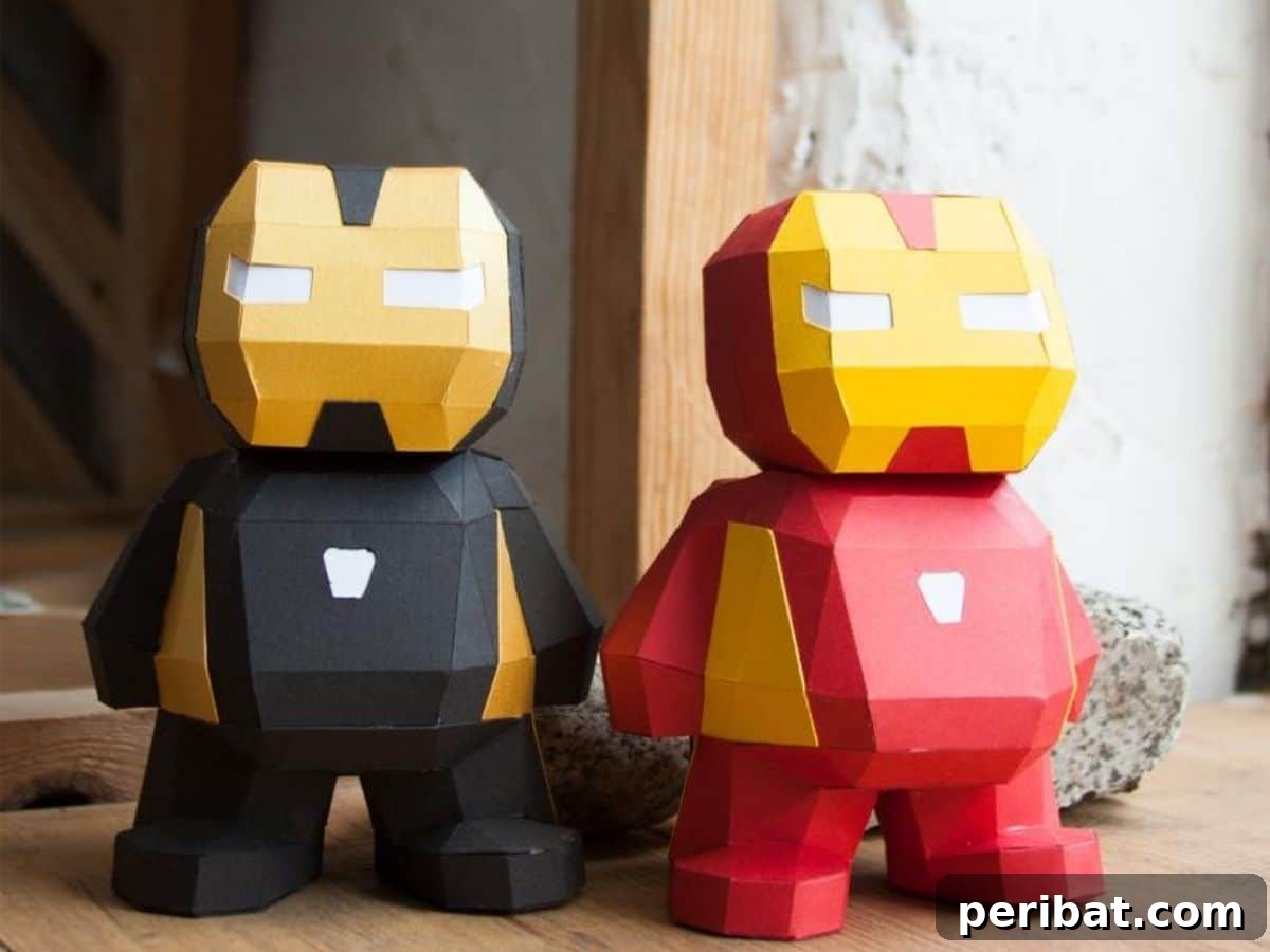 Paper superhero figures, specifically Iron Man, made through paper folding, an engaging DIY craft for action figure enthusiasts.