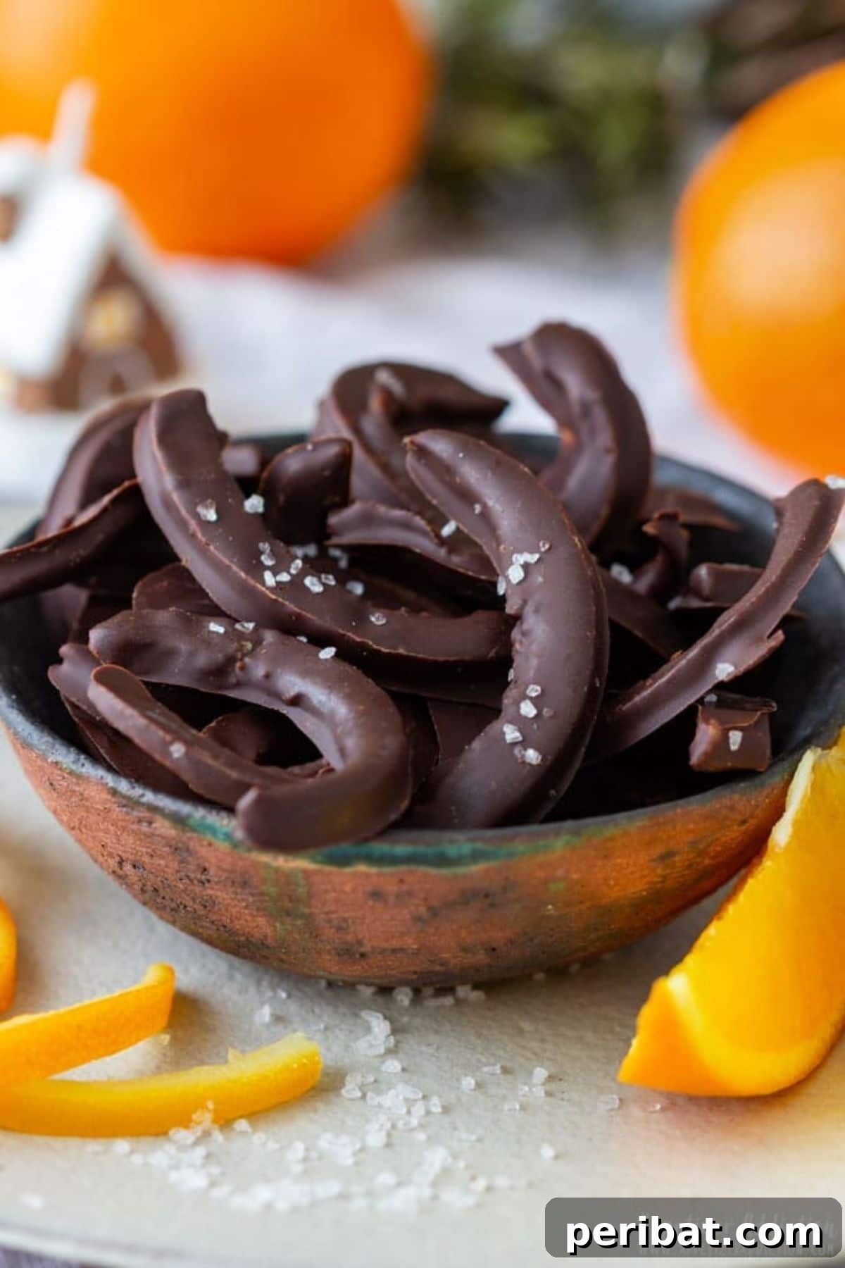 Chocolate-covered orange peels in a bowl