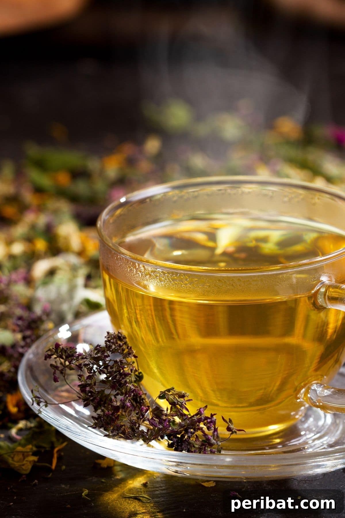 Orange herbal tea in a clear glass cup