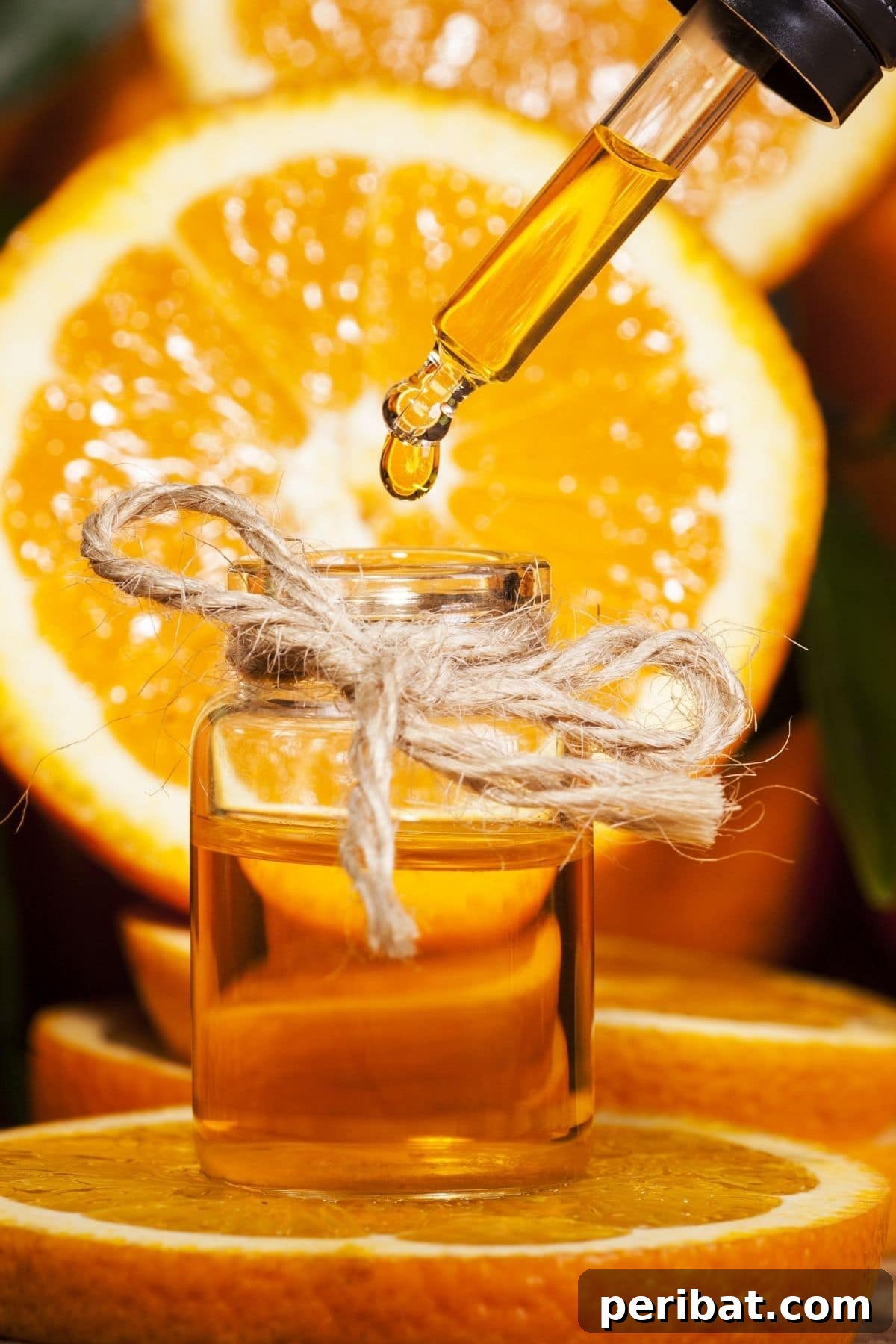 Bottle of orange oil or serum on a wooden surface