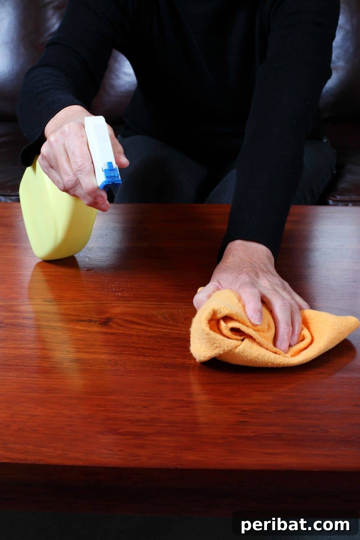 Spray bottle of furniture polish near wooden furniture