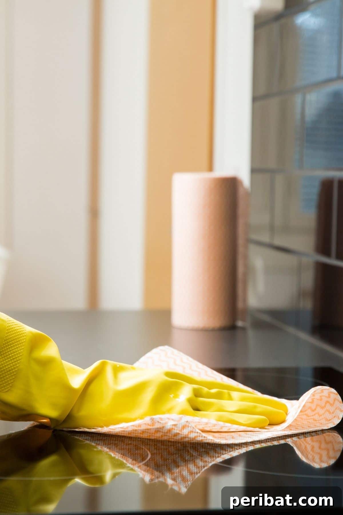 Person cleaning a stove top with an orange peel