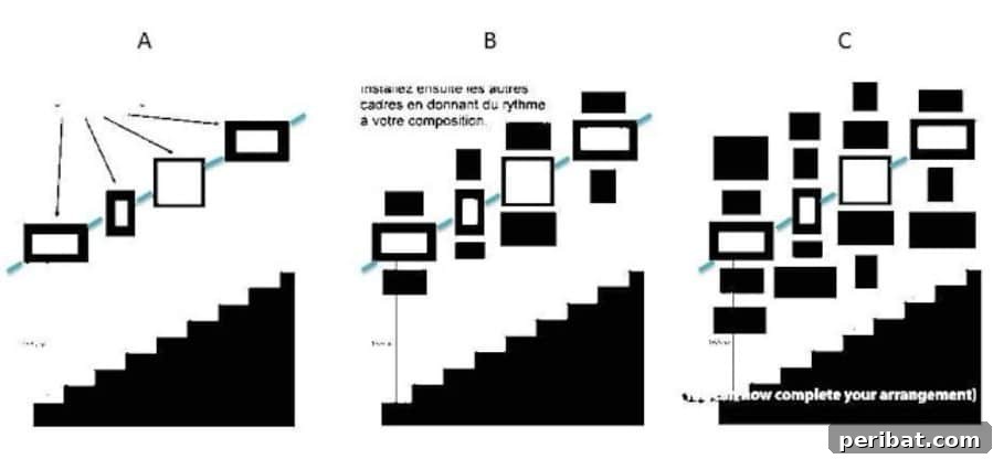 27. Plan pictures along a staircase - 50 Amazingly Clever Cheat Sheets To Simplify Home Decorating Projects