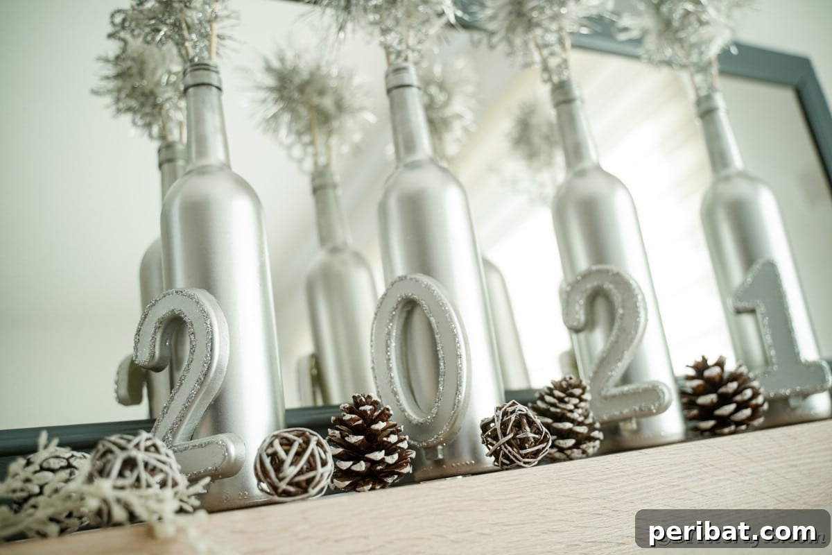Elegant silver wine bottle New Year's Eve decorations arranged artfully on a home mantle with soft lighting.