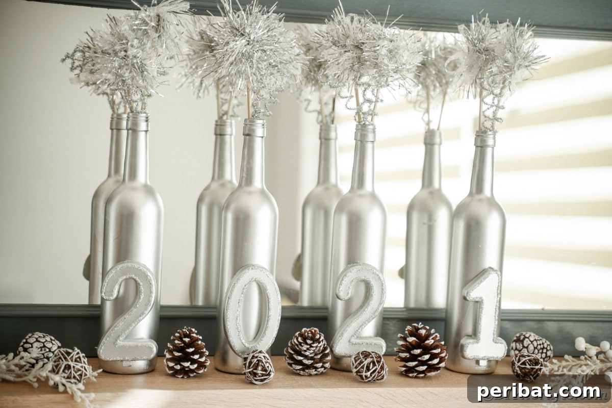Finished silver wine bottle New Year's Eve decoration displayed on a mantle with numbers '2025'.