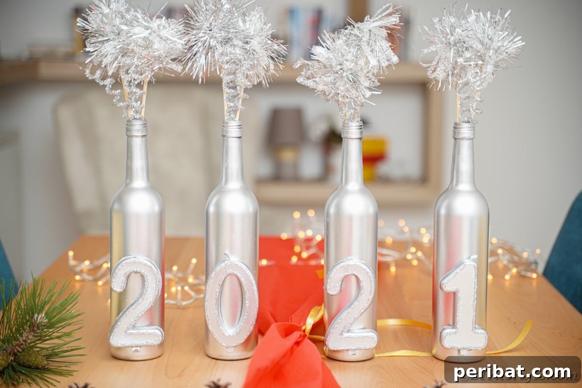 Sparkling silver wine bottle New Year's decor featuring numbers and tinsel arranged on a festive table setting.