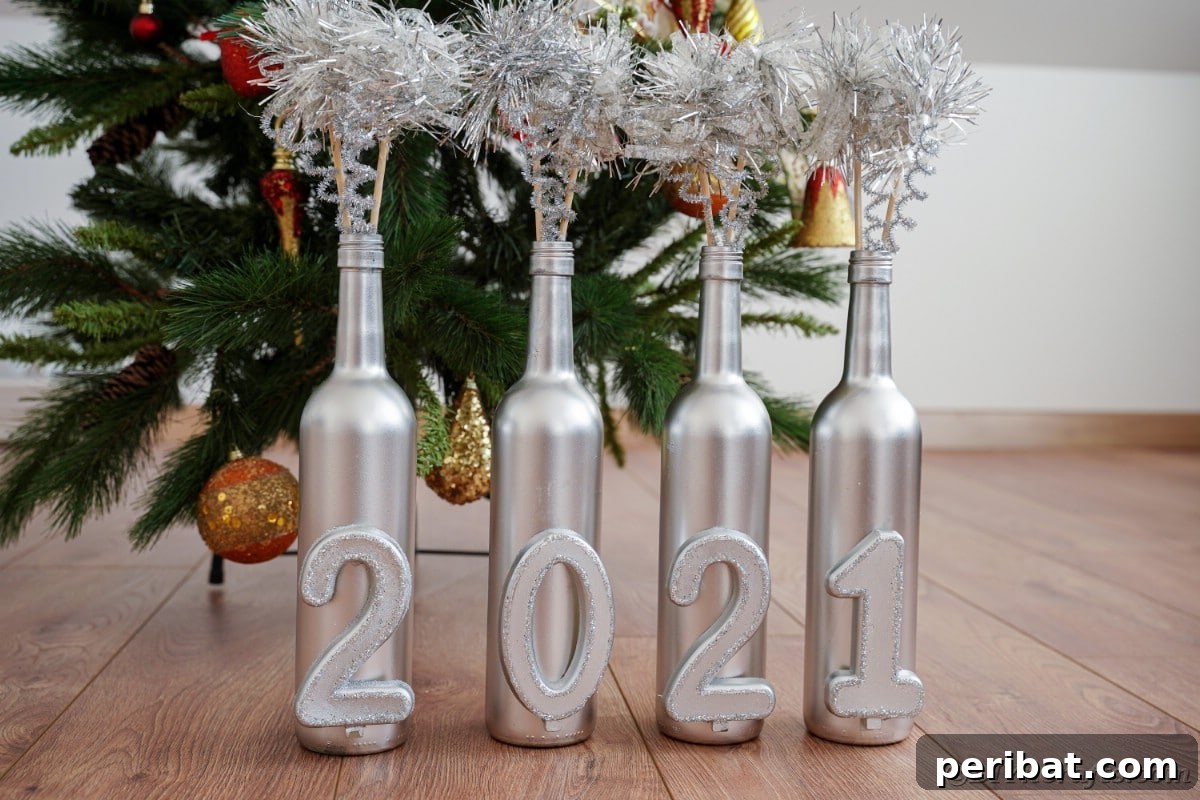 New Year's Eve decoration made from a silver-painted wine bottle with numbers, placed in front of a blurred Christmas tree.
