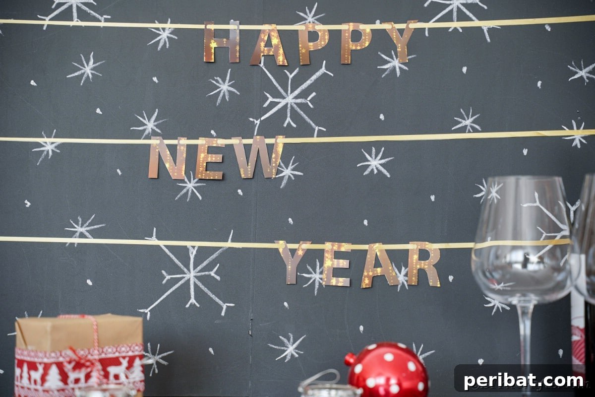 Free Printable Happy New Year Banner Instant 10 Minute Setup 2 Happy New Year banner displayed on a cozy chalkboard mantelpiece, exuding festive charm for a family party.