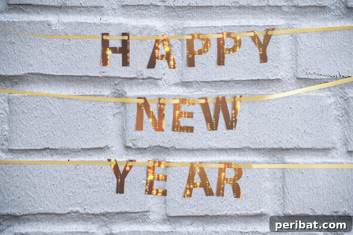 Free Printable Happy New Year Banner Instant 10 Minute Setup 3 Happy New Year banner adorned with gold glitter lettering, contrasting beautifully against a rustic brick wall, adding a touch of glamour.