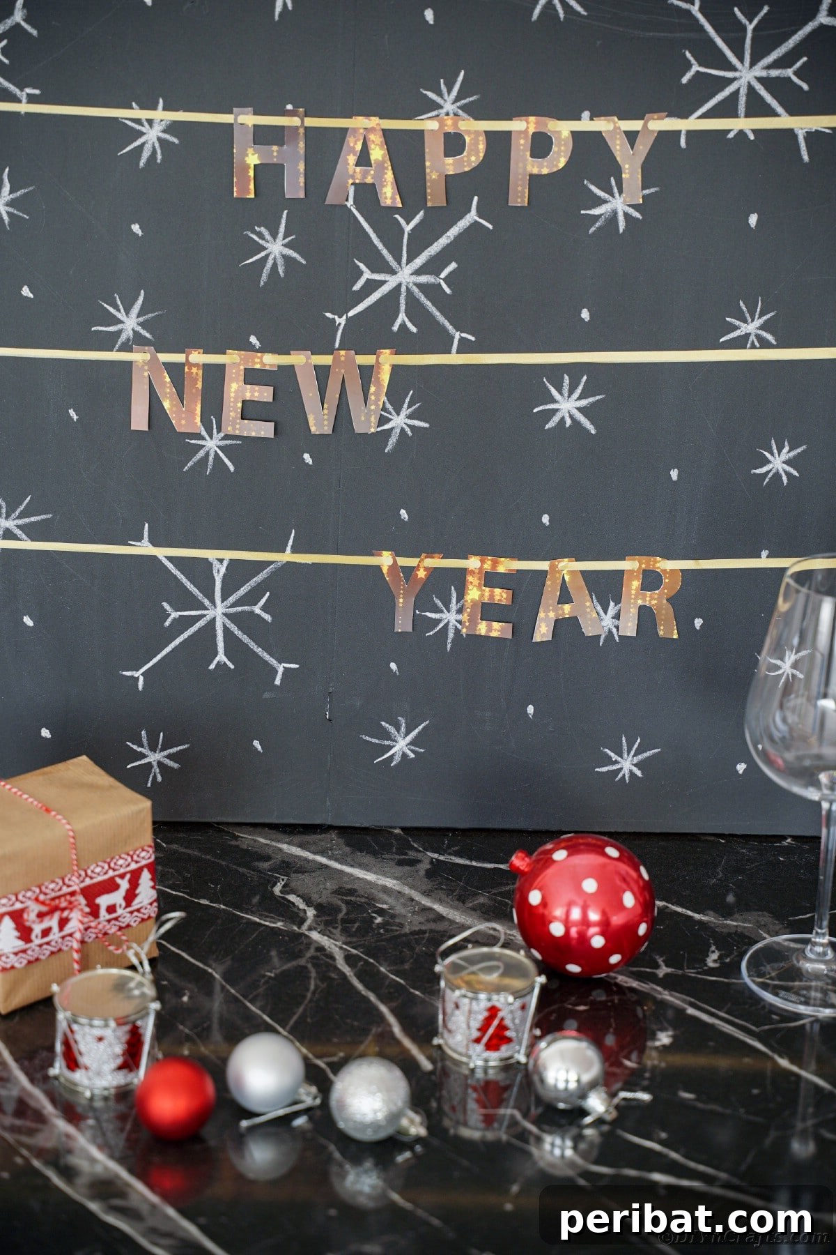 Free Printable Happy New Year Banner Instant 10 Minute Setup 16 Happy New Year banner displayed on a cozy chalkboard mantelpiece, exuding festive charm for a family party.