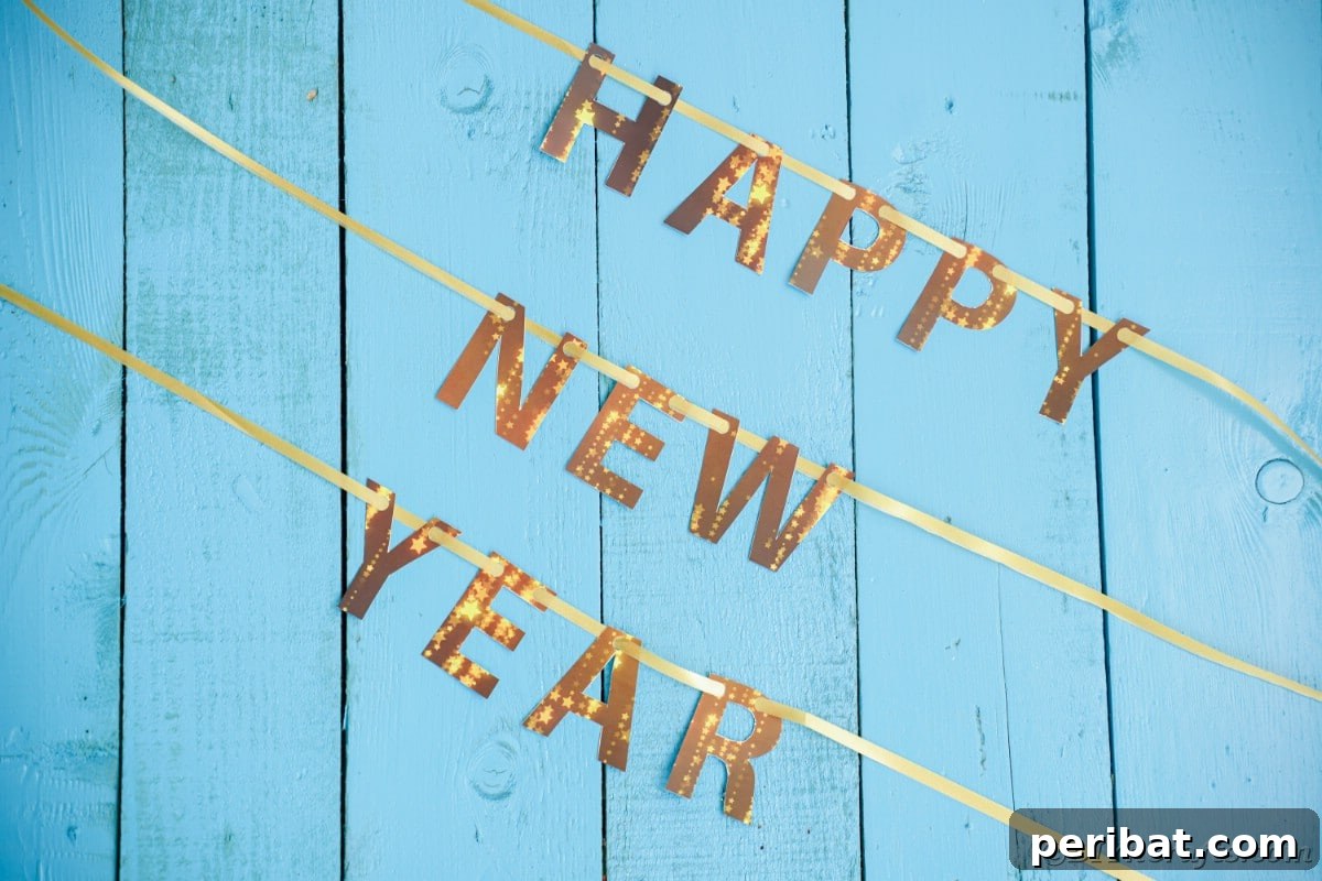 Free Printable Happy New Year Banner Instant 10 Minute Setup 4 Elegant New Year banner featuring gold letters strung on a ribbon, set against a chic blue wooden backdrop, ready for display.