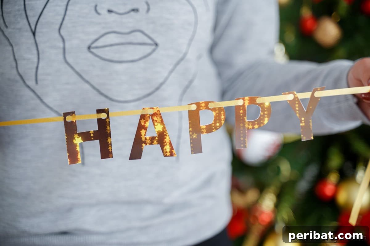 Free Printable Happy New Year Banner Instant 10 Minute Setup 5 A woman proudly displaying a handmade Happy New Year banner against a festive backdrop, highlighting its personalized charm.