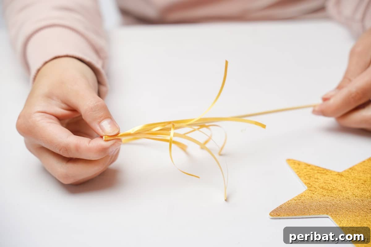 The process of curling ribbon, preparing it for festive decoration.