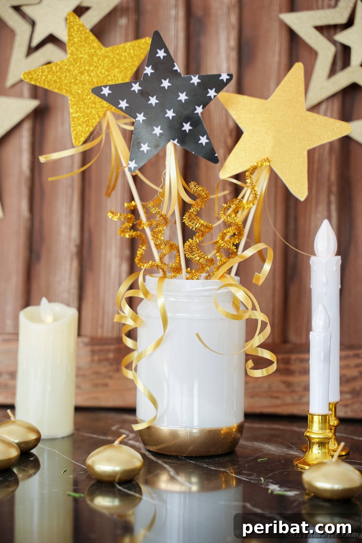 A beautifully upcycled mason jar centerpiece, elegantly placed beside a rustic wooden wall, adding warmth and sparkle to the setting.