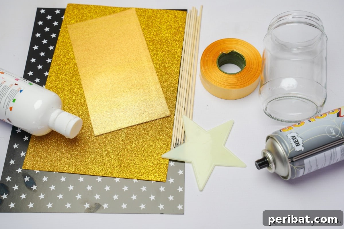 A collection of supplies neatly arranged for crafting the upcycled mason jar centerpiece.