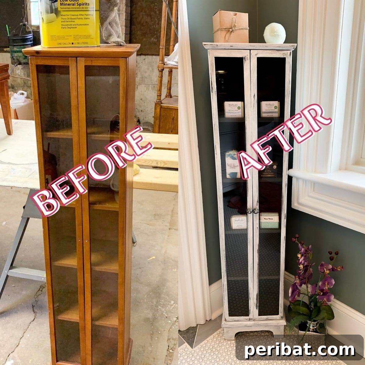 Curio cabinet restoration collage - before and after transformation