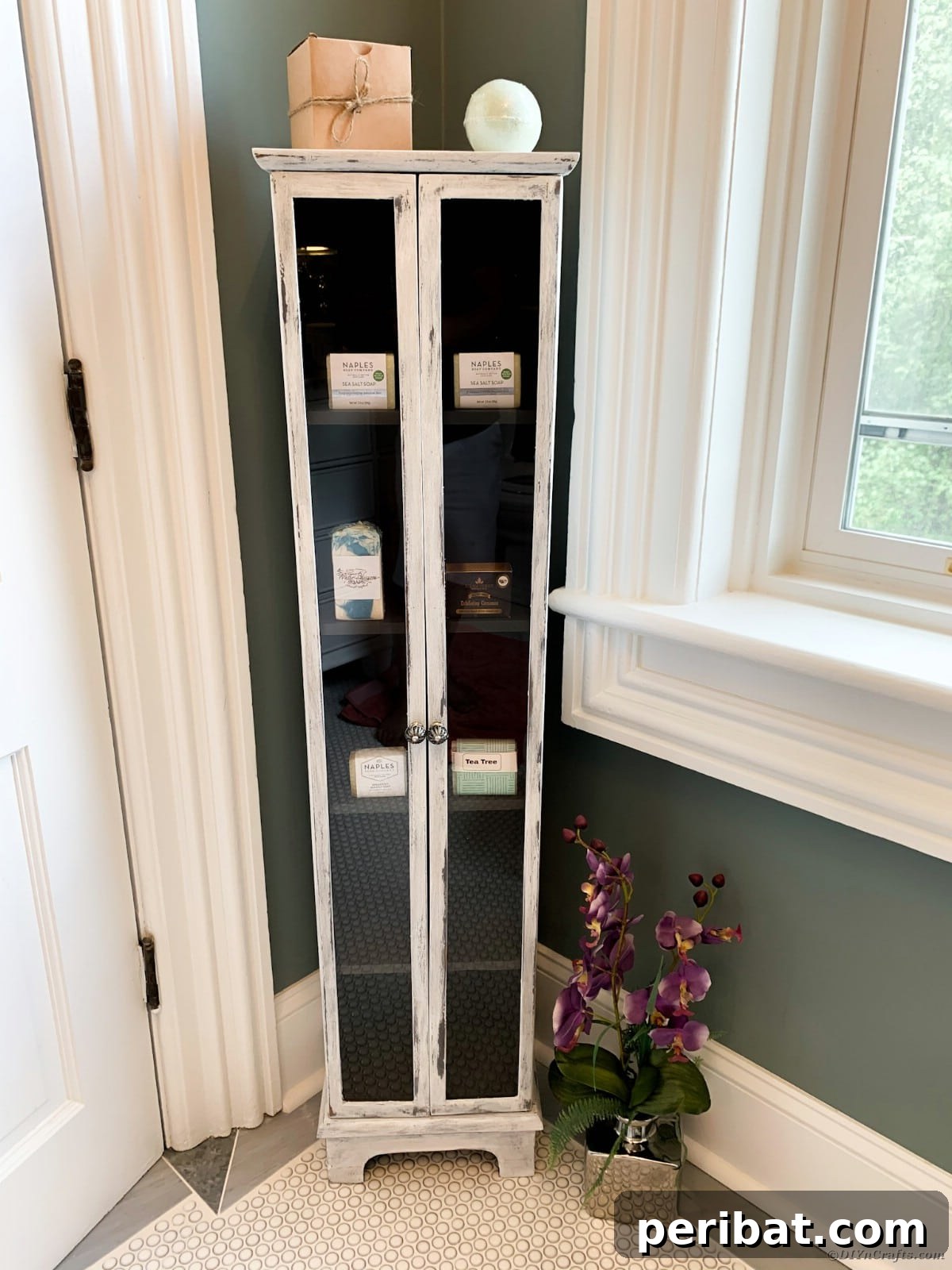 Finished distressed farmhouse style curio cabinet