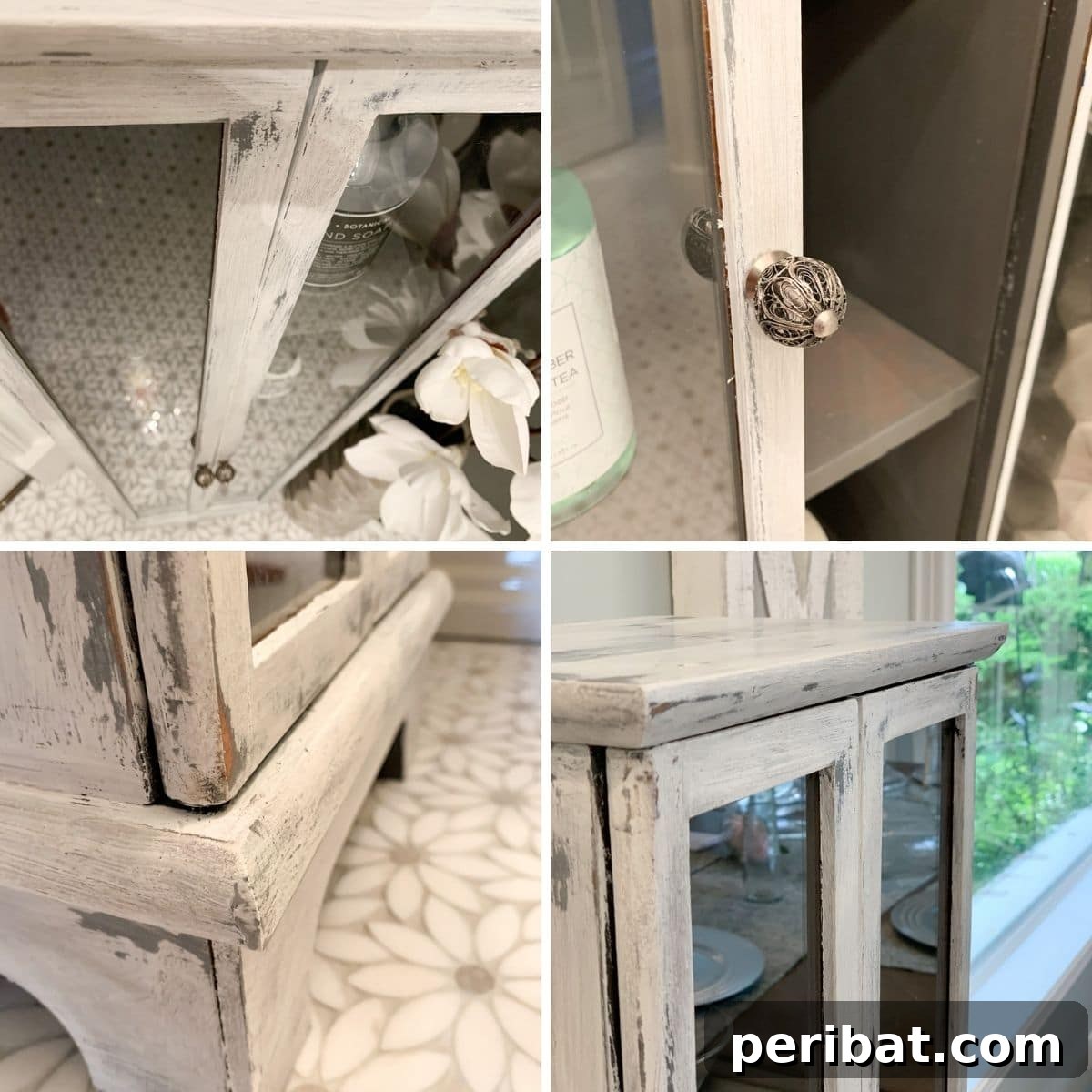 Curio cabinet restoration collage showing distressed finish