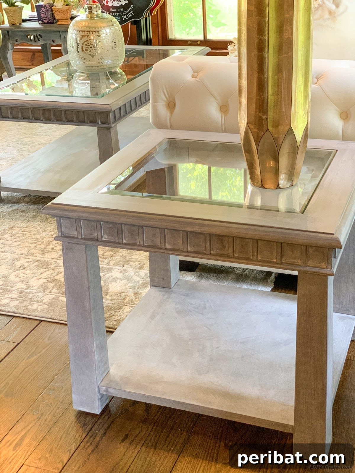 Close-up of finished glass top table with distressed details