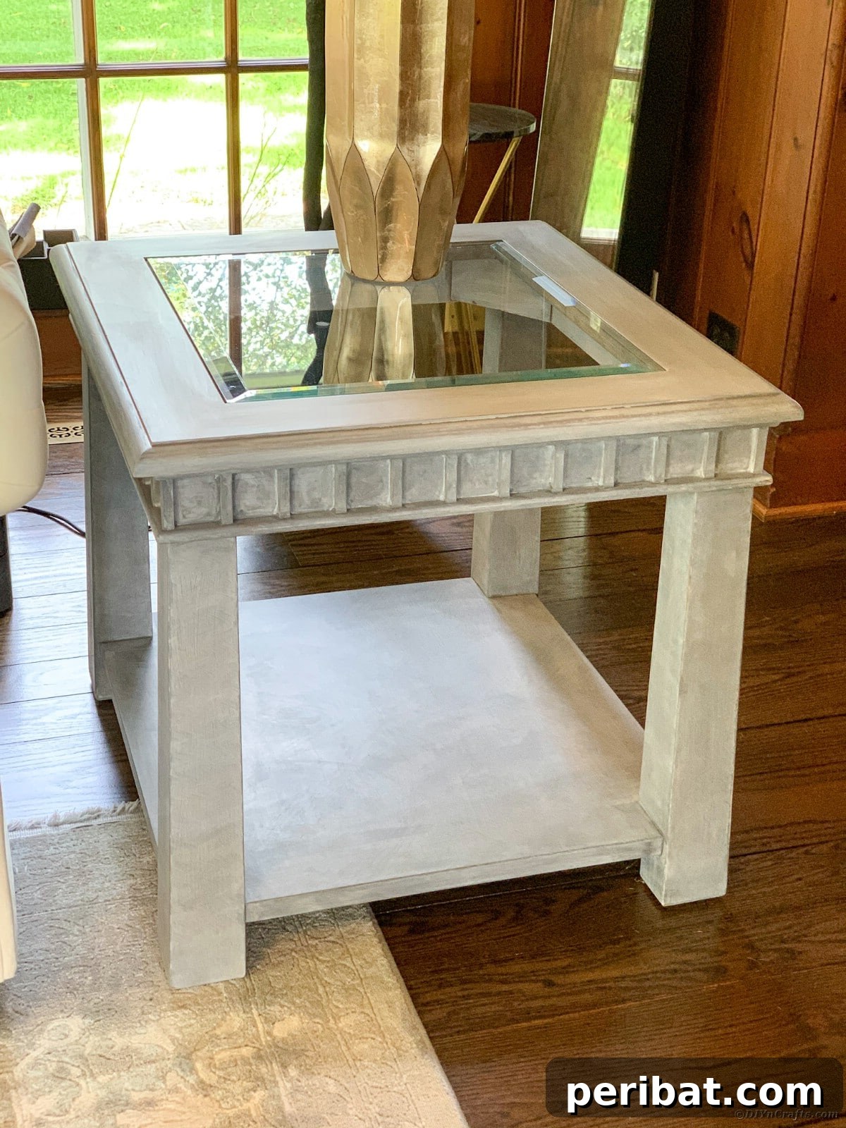 Finished glass top table restoration in a modern farmhouse setting