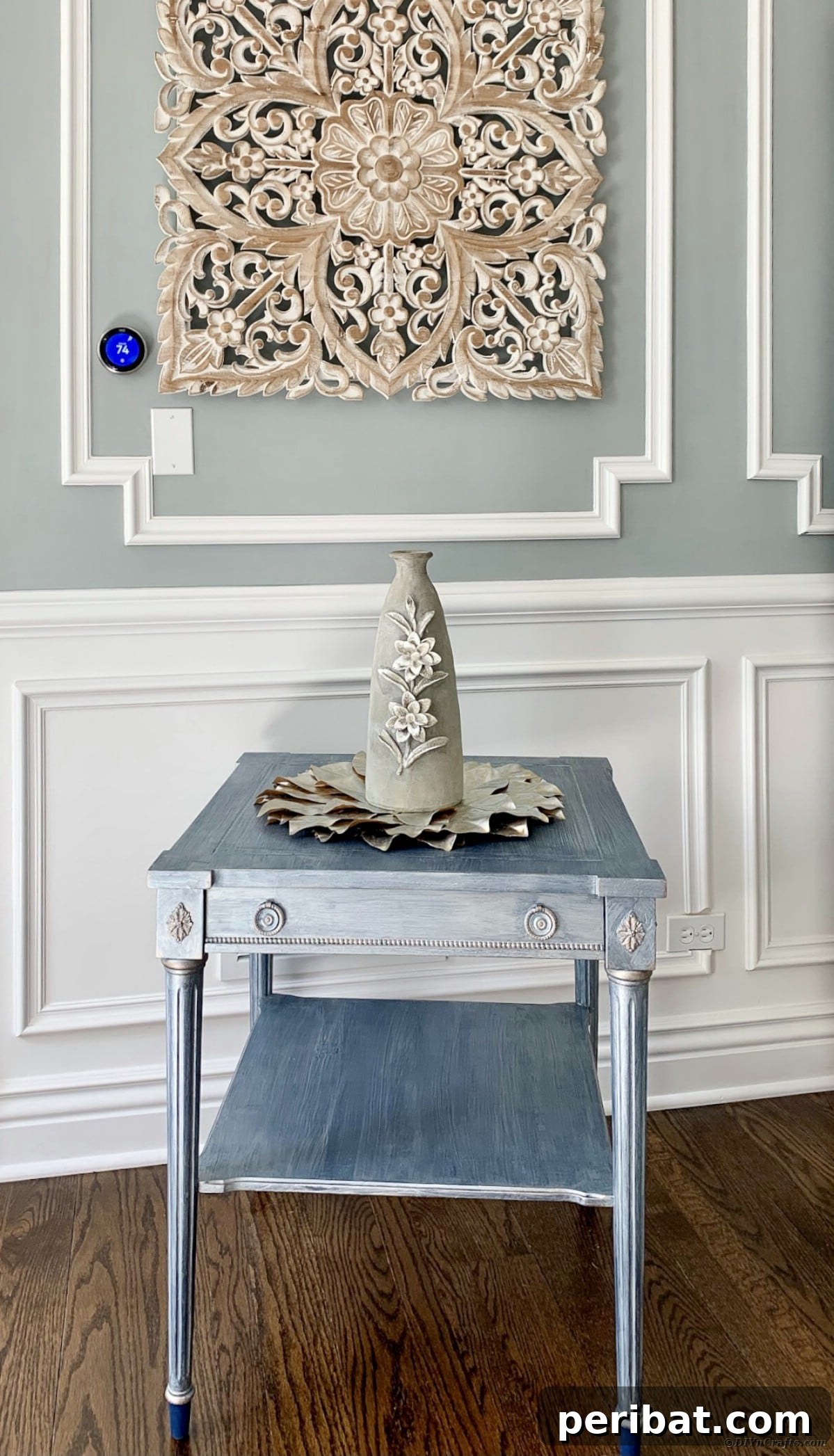 Finished metallic rustic side table, showcasing its unique and beautiful transformation