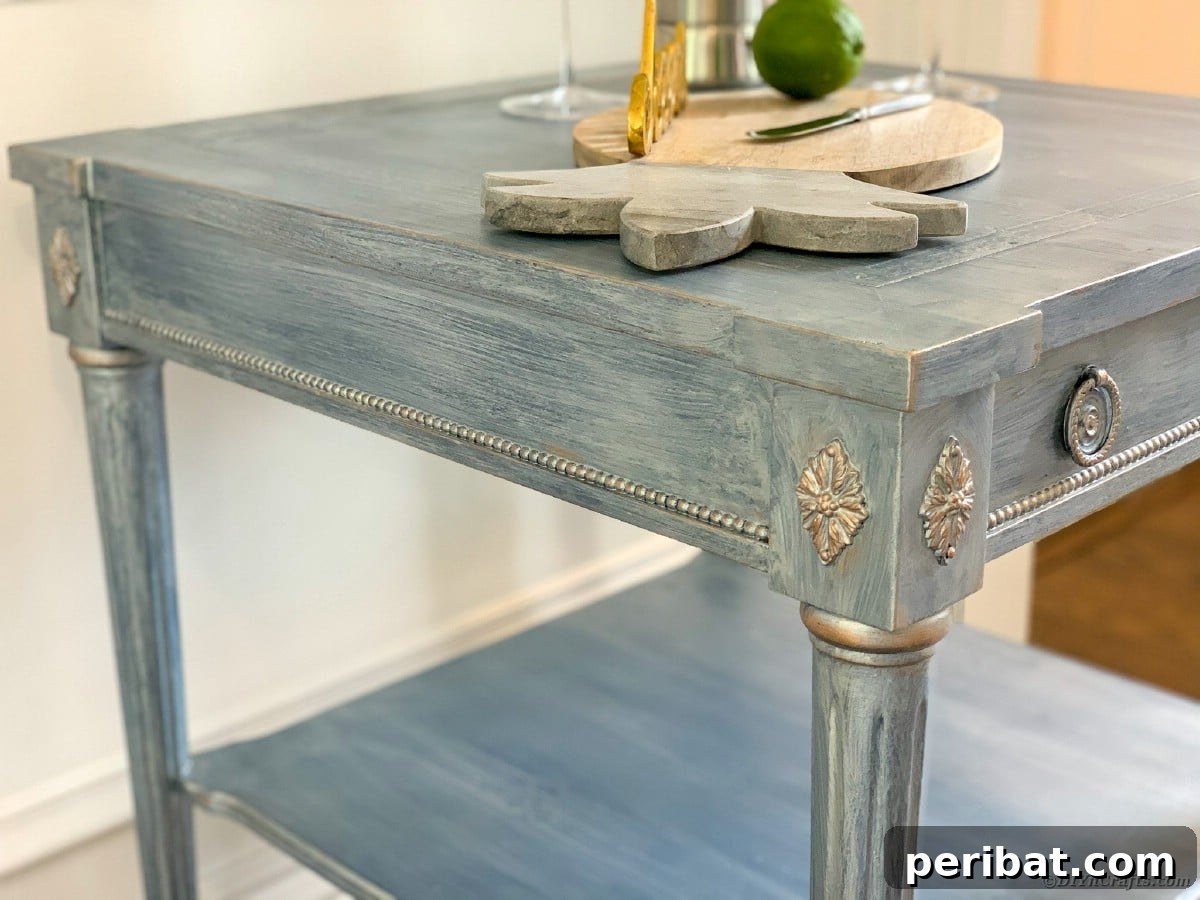 Side table details, showcasing intricate wood carvings or elements