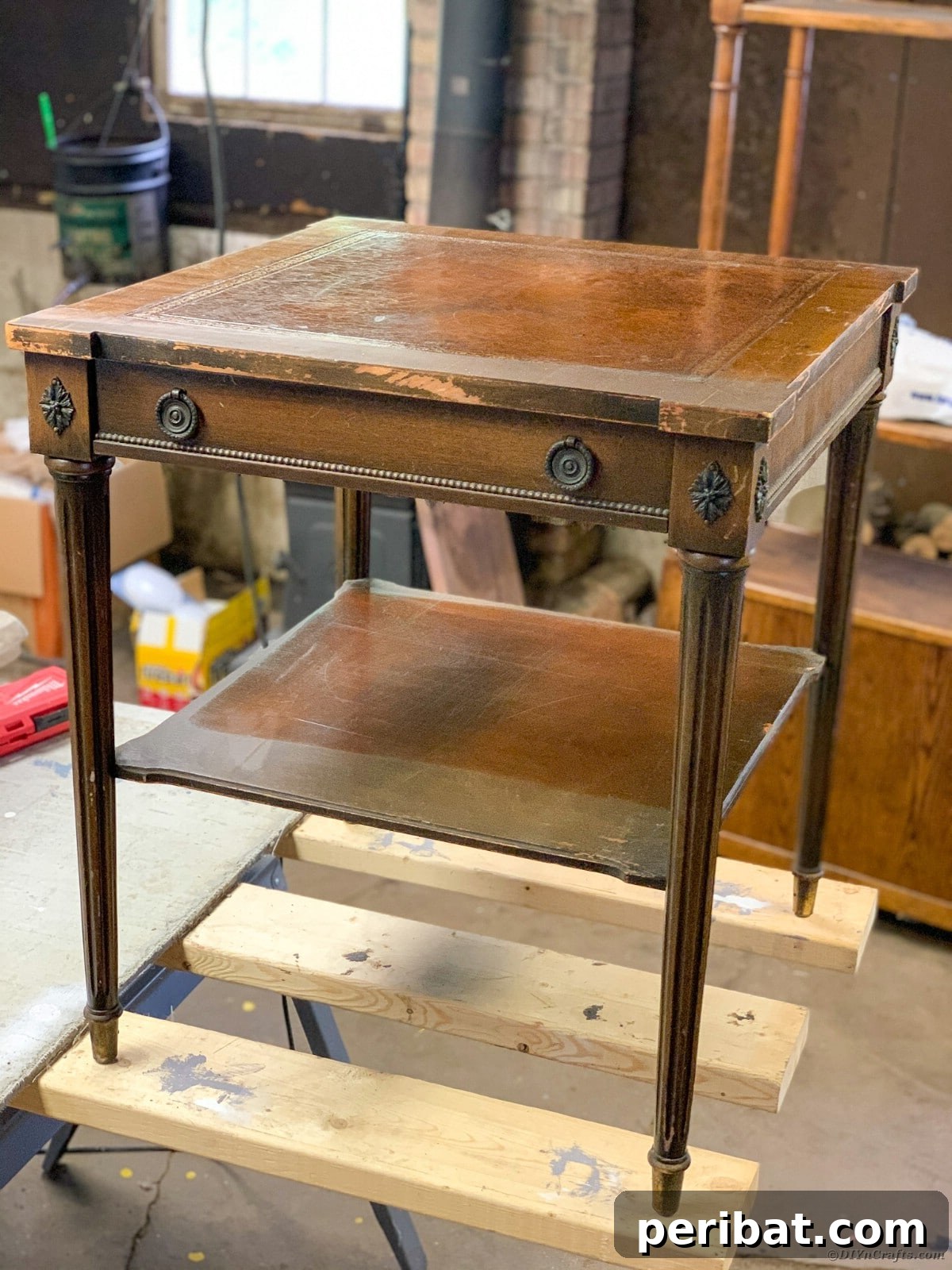 Side table before refinishing, showing its original worn condition