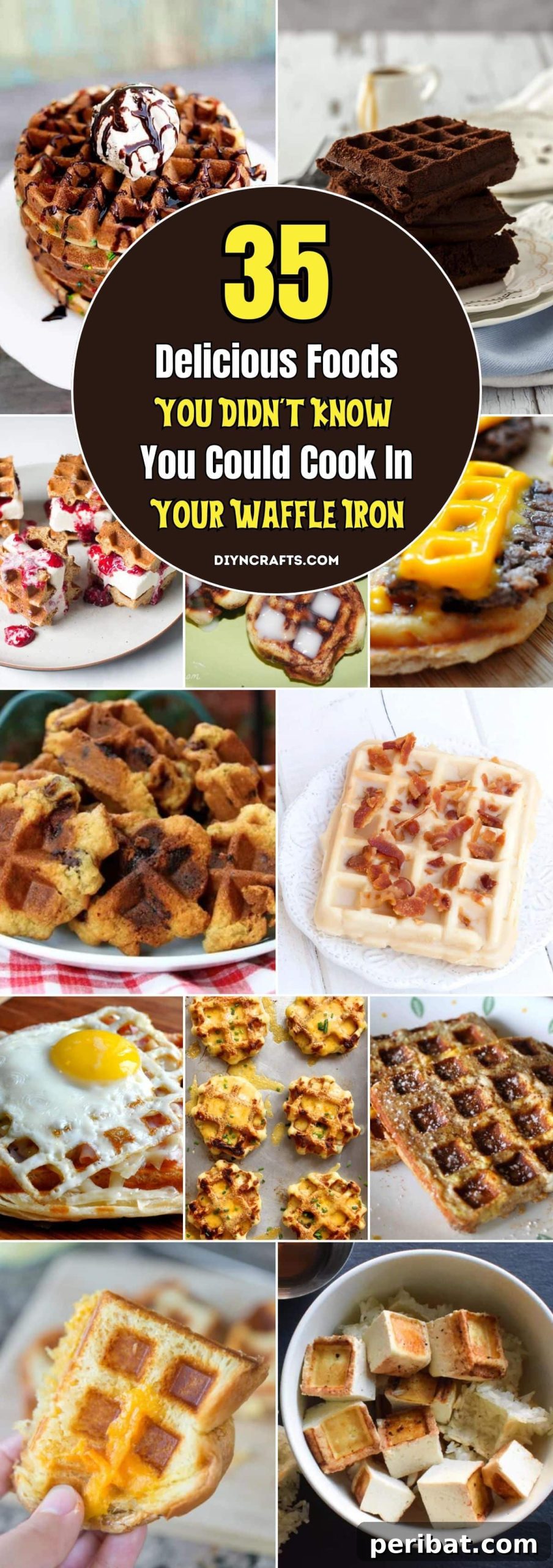 A vibrant collage showcasing 35 diverse foods you can cook in a waffle iron, including savory bacon, eggs, pizza, grilled cheese, and sweet treats like cinnamon rolls and cookies, all with waffle iron textures.