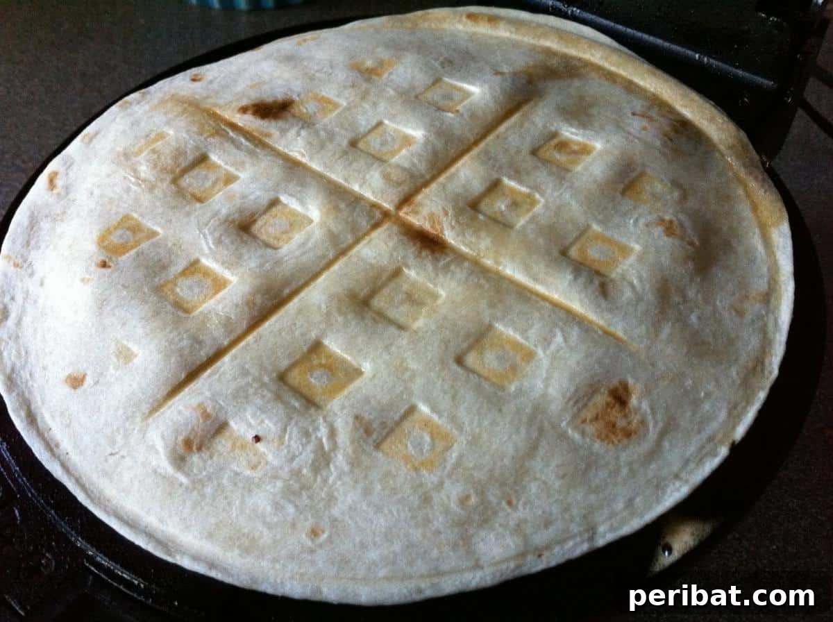 A perfectly cooked chicken and cheese quesadilla, pressed in a waffle iron, showing golden-brown crispness and distinct waffle grids.