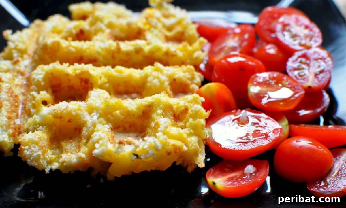 Golden-brown macaroni and cheese squares, pressed in a waffle iron, creating a crispy exterior with a soft, cheesy interior.